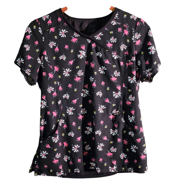 koi Basics Scrub Top Black Floral Women's 2-Pocket STRETCH V-Neck Print size M - Picture 1 of 12